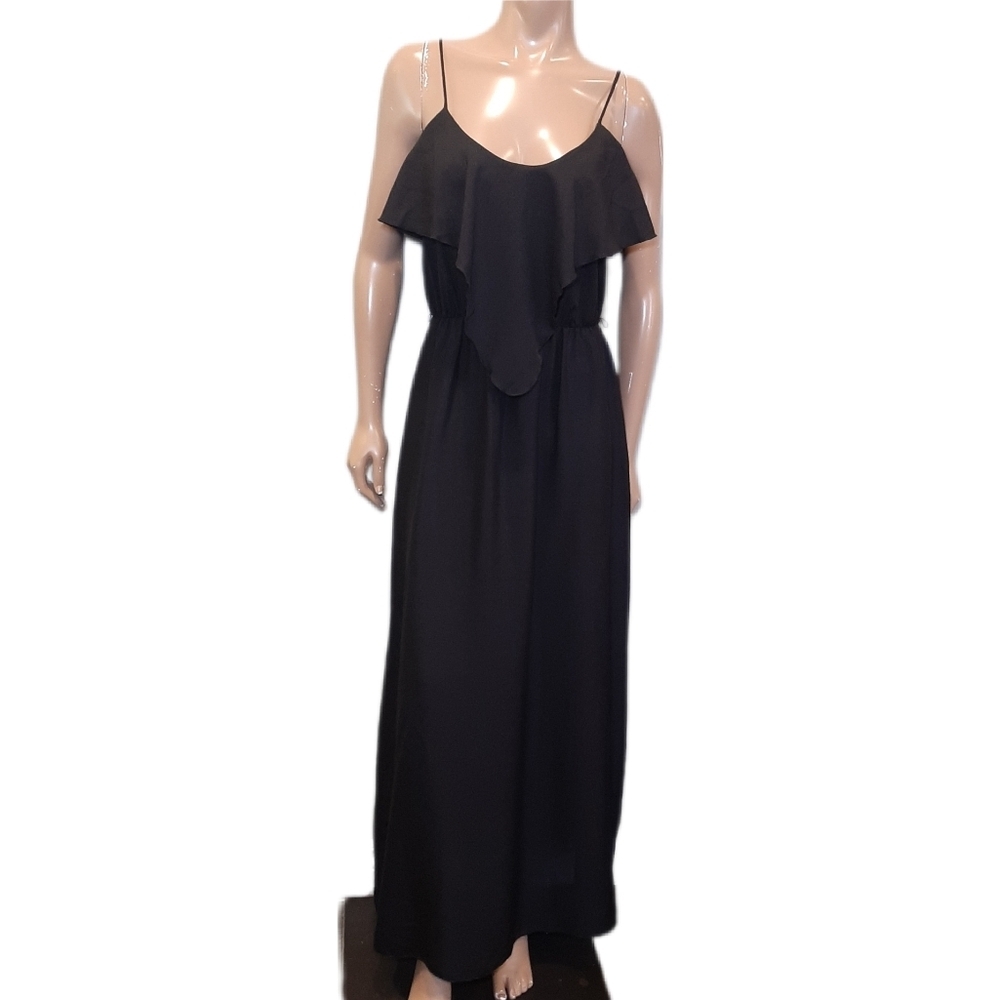 Behave Maxi Dress Sleeveless Ruffled Flounce Spaghetti Strap Elastic Waist Black